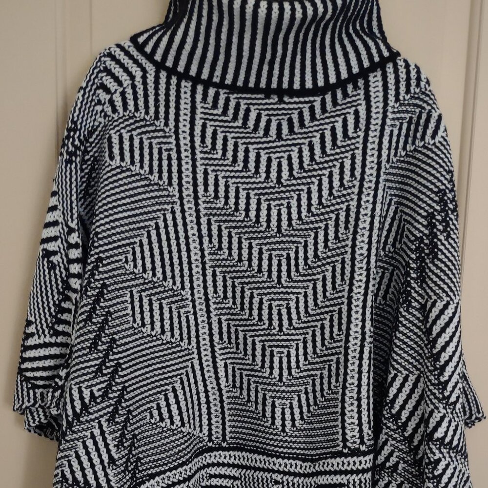 Fringe Poncho Black & White Woven Knit Cowl Neck  - One Size by Angie